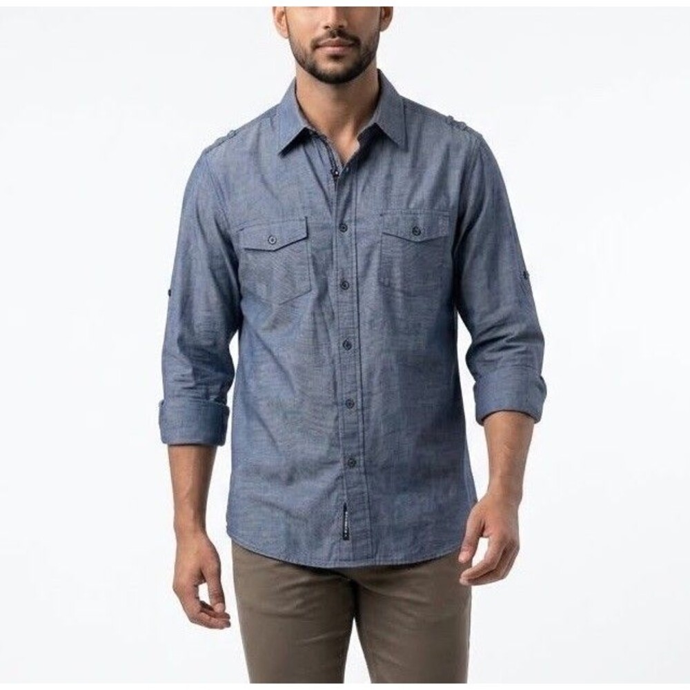 Men’s Beverly Hills Blue Long Sleeve Button Shirt XL Front Pockets